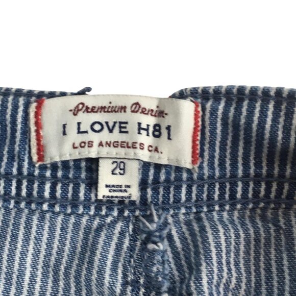 I Love H81 Denim Shorts Womens 29 Blue White Pinstripe Cuffed Roll Hem Pleated - Picture 2 of 13